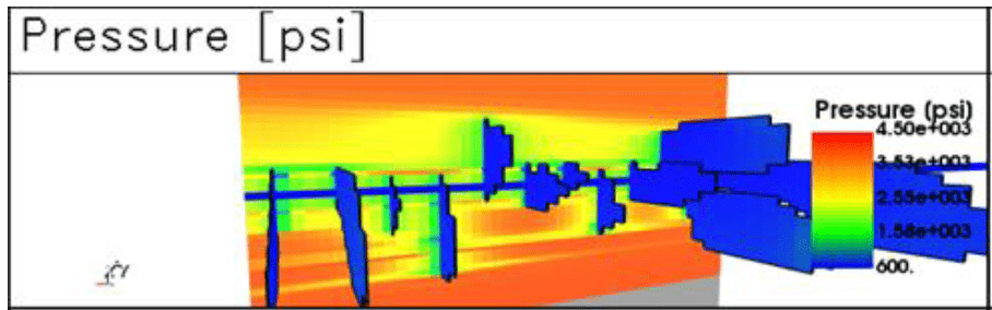 Figure 3: From Kaufman et al. (2019). Example of a planar fracture model. Each individual planar fracture may represent a band of fractures, as shown in Figure 4. Axis is stretched 5x perpendicular to the fractures for visibility.