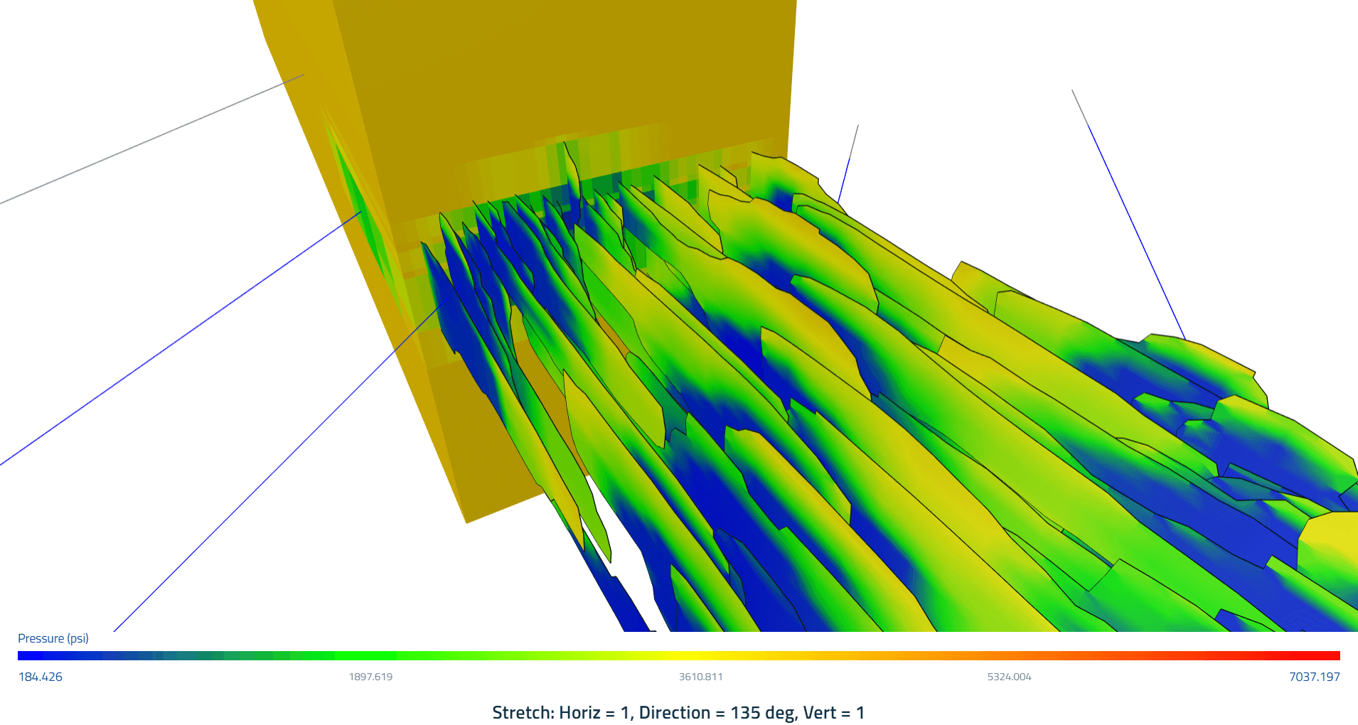 ResFrac simulation of hydraulic fracture geometry along a horizontal well, colored by fluid pressure