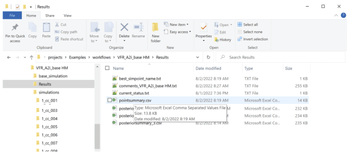 Figure 18. Raw results folder for the workflow and pointsummary.csv file.