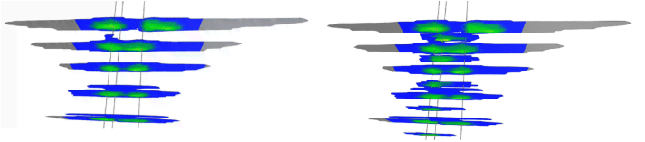 Figure 10. Offset infill placed about 200 ft from the parent, before (left) and after (right) stimulation. The new fractures grow preferentially toward the depleted parent.