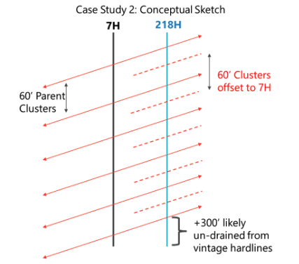 Figure 9. Conceptual sketch of the infill (218H) relative to the 60 ft spacing parent (7H). New clusters are offset from the parent clusters, and the rock beyond the parent fracture footprint, more than 300 ft out, is likely undrained.